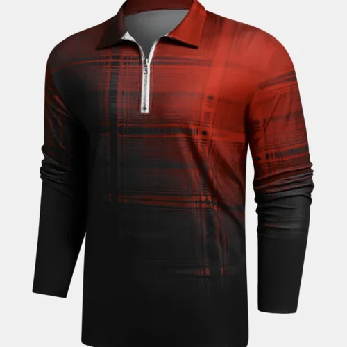 Gradient Check Line Zip Long Sleeve Polo