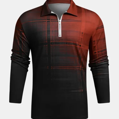 Gradient Check Line Zip Long Sleeve Polo