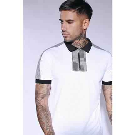 CUT AND SEW PIQUE POLO SHIRT – WHITE/HERRINGBONE