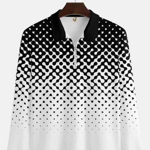 Casual Art Collection Geometric Stripes Color Blocking Lapel Zip Long Sleeve Printed Polo Shirt