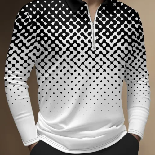 Casual Art Collection Geometric Stripes Color Blocking Lapel Zip Long Sleeve Printed Polo Shirt