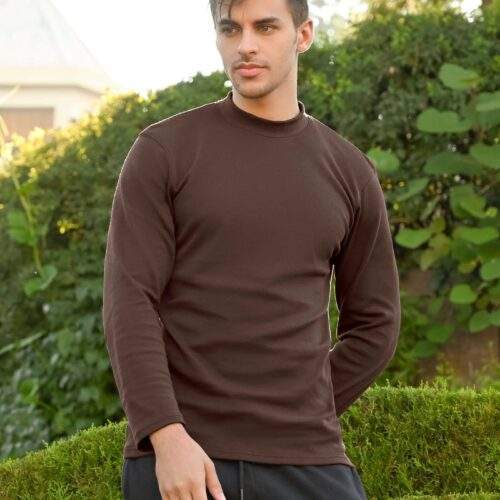 Plain Chocolate Brown Mock Neck Full Sleeve