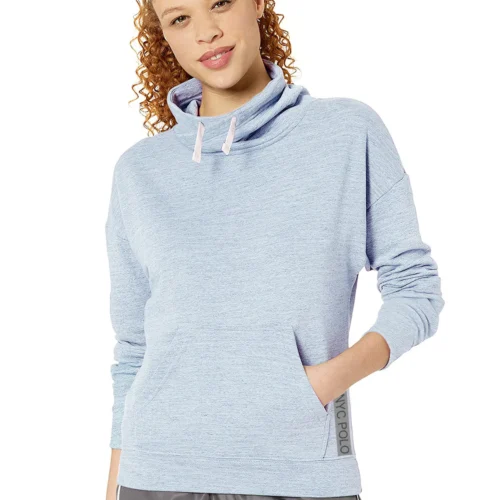 NYC Polo Fleece Cowl Neck Hoodie For Ladies-Blue Melange