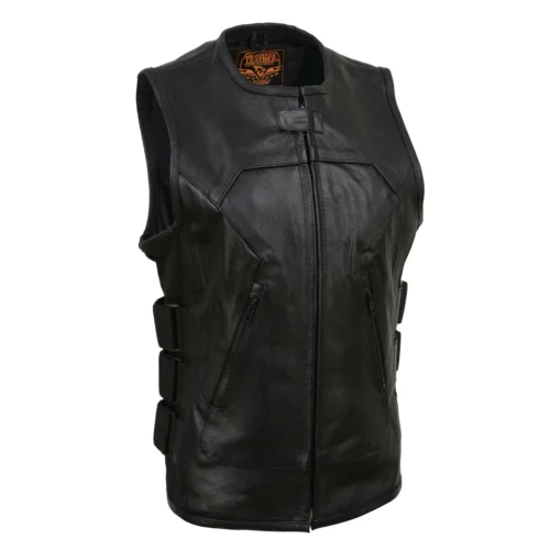 Women’s ‘Basher’ Black SWAT Style Club Style Motorcycle Leather Vest