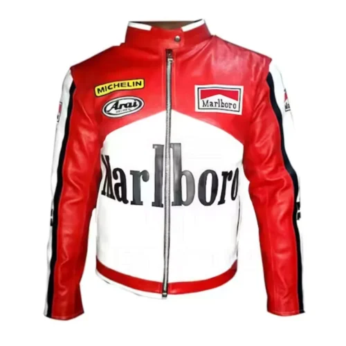 Racing Motorbike Jacket: Red & White Genuine Cowhide Leathe